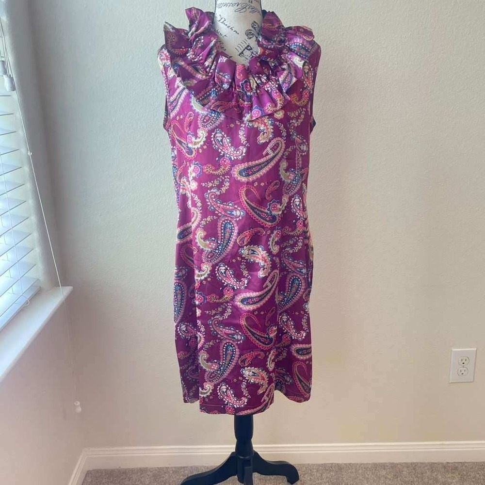 Tracy Negoshian Womens Large Purple Paisley Ruffle Neck Sleeveless Shift Dress